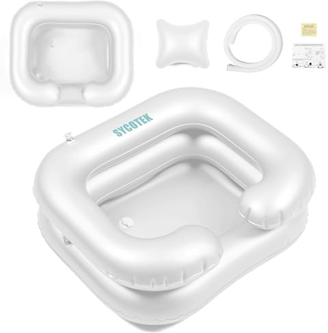 SYCOTEK Bac de Shampoing Gonflable, Lavabo avec Oreiller Détachable, Bassin Cheveux Portable pour Personnes âgées, Alitées, Handicapées et Blessées