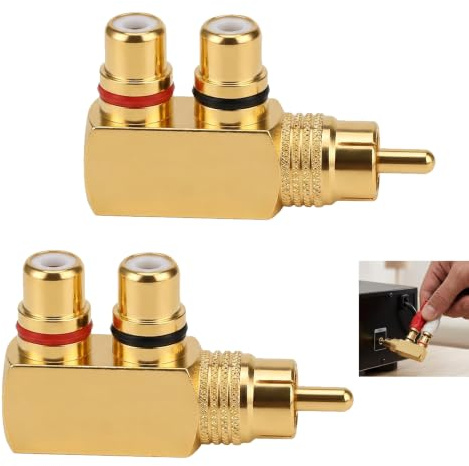 Rqkagf Set med 2 RCA-rätvinklig adapter, RCA-splitter 90 graders Y-vinkeladapter rak manlig till 2 hona guldpläterad Y-separator för TV-förstärkare