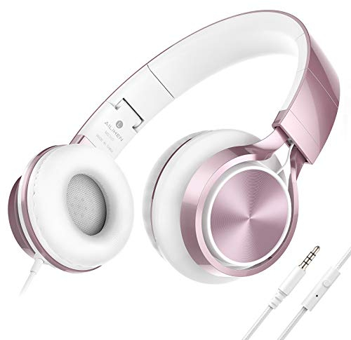 AILIHEN MS300 Auriculares con Cable con Micrófono para Chromebook, Teléfono Inteligente, Auriculares Ligeros Plegables de 3,5 mm para la Escuela, Adolescentes, Niñas, Niños(Oro Rosa)