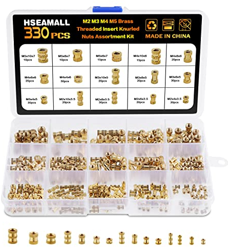 HSEAMALL Tuercas moleteadas de rosca hembra, M2 M3 M4 M5 Kit de surtido de tuercas de insertos roscados de latón, paquete de 330