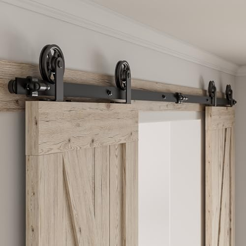 Rail Porte Coulissante Double 224cm Kit Roulette Suspendue Systeme Noir pour 2 Porte Coulissante Interieur 56cm Large, Milieu Roue T-forme