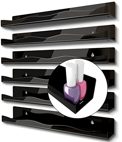 YMVV Black Acrylic Nail Polish Wall Racks,15 Increased Width Black Wall Mounted Shelves Nail Polish Organizer, Sunglasses Essential Oil Storage Shelf Display 6 Pack