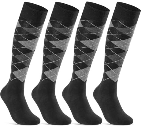 sockenkauf24 4 Paar Herren Kniestrümpfe Karo Muster Baumwolle mit Komfortbund & ohne Naht 22733 WP (Schwarz Grau 39-42)
