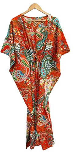 INDACORIFIE Paisley Print Women Kaftan, 100% Cotton Light Weight Summer Kaftan, Beach Wear Dress, Long Maxi Gown Nightwear Multi
