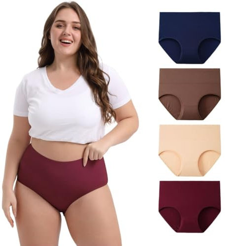 INNERSY Culotte Grande Taille Slip Femme Coton Post Accouchement Shorty Taille Haute Lot de 4 (52-54,Bleu Foncé/Rouge/Beige/Marron)