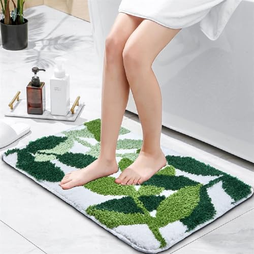 Baahrnom Hoja Verde Alfombras de Baño 55x81cm, Alfombras de Baño Antideslizantes Extra Suaves Lavables Alfombras de Hoja Linda Tufted Durable y Super Absorbente para Cocina Dormitorio Inodoro