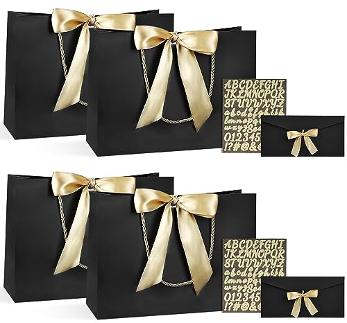 BBLIKE Geschenktüten 4 Stück Papiertüten mit Schleifenbändern + Zwei Sticker + 2 Briefumschläge, Geschenktaschen mit Henkel Partytüten Bodenbeutel Kreuzbodenbeutel für Geburtstag Hochzeit Feier Party