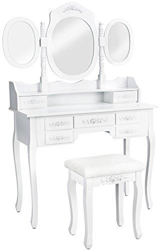 tectake® Schminktisch, Schminktisch Organizer mit 7 Schubladen und 3 Spiegeln, Kosmetiktisch inkl. Hocker, Schlafzimmer Deko Möbel, 90 x 40 x 145 cm, weiß