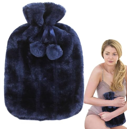 Luxury Cosy Fur Hot Water Bottle Provides Warmth and Pain Relief, Standard for Hand Feet, Neck and Shoulder, 2L Dark Blue Fur Cover
