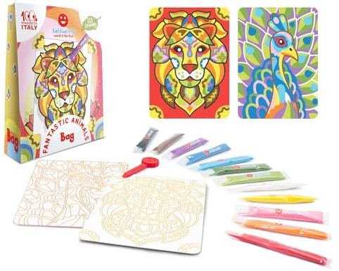Sabbiarelli Sand-it For Fun – Bag Fantastic Animals | Mini Kit de Sand Art Animaux Mandala 100% Made in Italy avec Sable Coloré et Dessins Adhésifs | Hobby Créatif 10+