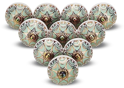 FURNISHFUL FINESSE Keramik-Türknäufe, Schrankknauf, für Küche, Kleiderschrank, Ziehgriff, Kommode, verschiedene Boho-Heimdekoration – Grüngold, (4 Stück)