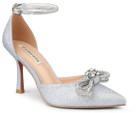 Zzheels Women's Wedding Heels Sparkly Rhinestone Stiletto Pumps Bow Heels Pointed Toe Ankle Strap High Heels Bridal Party Dress Shoes Silver Glitter US9