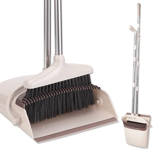 JUPPLIES Escoba y Recogedor Plegable de Mango Largo, Juego de Escoba Alta y Recogedora - Barredora Vertical y Recogedor de Interior para Barrido de Casa (Beige)
