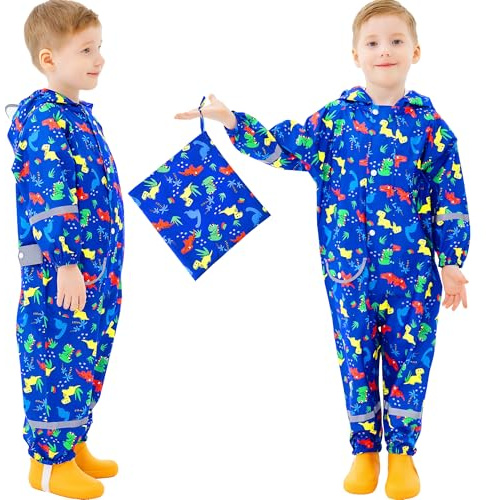 Baogaier Niño Chubasqueros Chaquetas Impermeables Capa de Lluvia Dinosaurio Verde Menta Impresión Encapuchado Grande Mono de Bolsillo Reflectante Abrigos Impermeables Niña Infantil 3-5 Años