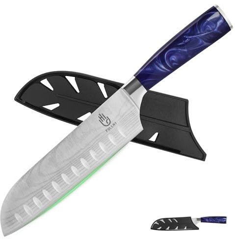 FULLHI Couteau santoku, couteau japonais de 7 pouces avec garde, couteau de cuisine en acier inoxydable pour la coupe de sushis avec étui (Résine violette)