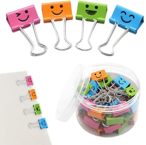 Pinzas de metal plegables, 40 clips de papel de colores con cara sonriente, pinzas de metal, clips plegables para oficina, pinzas de documentos, para artículos de oficina, notas y pinzas para especias