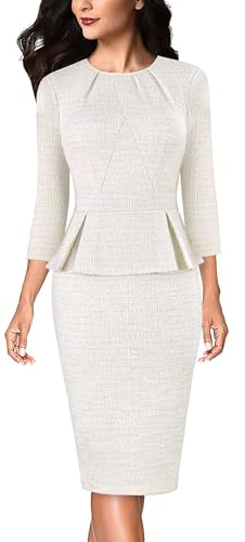 VFSHOW Womens Pleated Crew Neck Peplum Slim Work Business Dress Elegant 3/4 Sleeves Office Church Bodycon Pencil Sheath Dress (Off White Tweed, X-Large) 11431 WHT XL