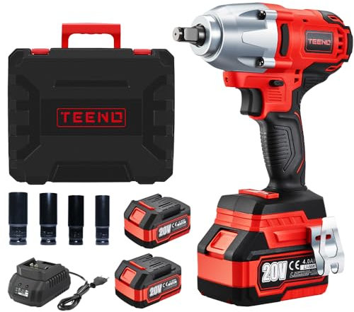 TEENO - Llave de impacto inalámbrica sin escobillas de 1/2, 600 Nm, 20 V, con 2 pilas de 4000 mAh, atornillador de impacto con 4 boquillas de impacto (17/19/21/22 mm), para el automóvil y el uso