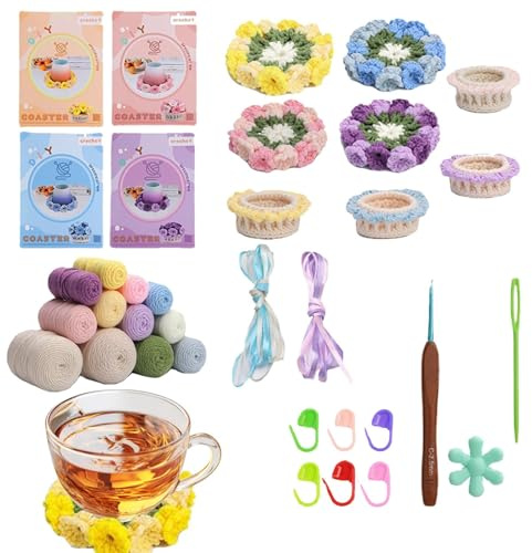 Qiwieod virka blomunderläggsset, underlägg virkade set | virka startset för underlägg i blomkruksform | underlägg blomkruka-virkade set med steg-för-steg-videoinstruktioner för