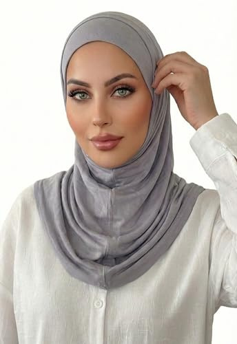 ZOKAK, Two pieces Amira cotton hijab, Instant muslim Scarf For Women,ready to wear Jersey Hijab, Muslim Instant hijabs (A3 Grey)