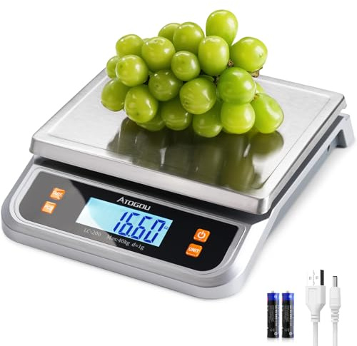 Atogou 88lb Food Scale, Commercial Kitchen Scale Plug-in Usable with Full View LCD Display, Stainless Steel, for Baking, Bread, Cooking, Meat, Vegetables, Farm, Industry LC200 Silver
