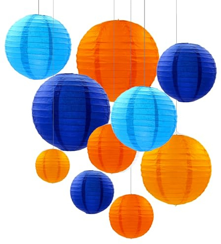 ZYOOO 10pcs Paper Lanterns,15/20/25cm Round Hanging Paper Lanterns Decoration for Birthday Party,Wedding,Baby Shower,Anniversary,Garden Decoration(Blue Orange)