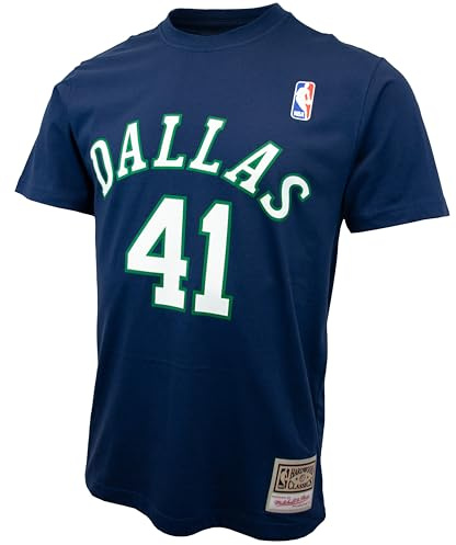 Mitchell & Ness NBA Name & Number T-Shirt - Dallas Mavericks, Dirk Nowitzki, Größe L, Dunkelblau, 100% Baumwolle, Herren, Frauen, Kinder, Unisex, Frühling, Sommer, Herbst, Winter