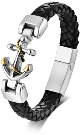 fycouyee Bracelet homme personnalisé en cuir tressé bracelet accessoire ancre en acier inoxydable