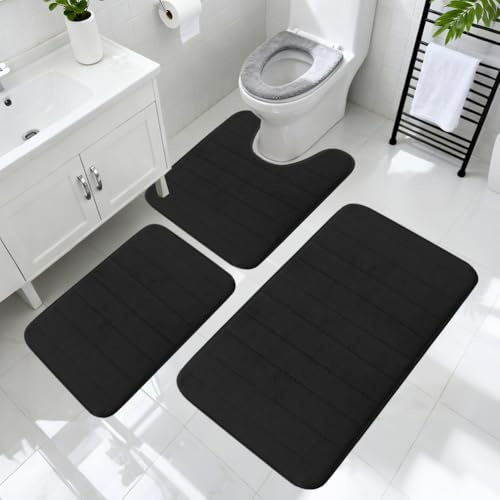 YNNHUDEEP Set di 3 tappetini da bagno con memory foam – tappetini antiscivolo e lavabili per bagno, doccia e toilette – Comfort lussuoso e design moderno (Nero)