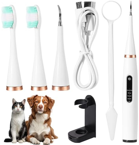 Eliminador de sarro para perro y gato con ultrasonido: 5 modos de cuidado dental, IPX6 resistente al agua, con accesorios para intervalos, carga USB, bajo ruido (blanco marfil)
