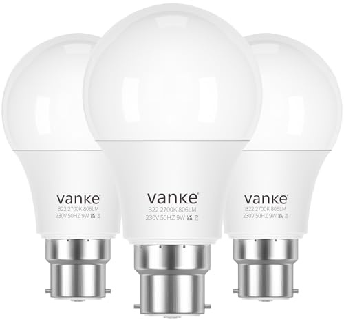 Vanke Bayonet Light Bulb 60w Equivalent, B22 LED Bulbs Warm White 2700K, Non-Dimmable 9w Energy Saver Lightbulb, 806 Lumen, 3-Pack
