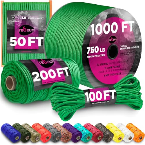 TECEUM Paracord 750lb Grün (Green) – 30 m– 4 mm – Nylon – Robuste Taktische Fallschirmschnur nach MIL-SPEC – Survival-Seil für Notfälle – EDC, Camping, Wander Ausrüstun (100 ft) 025a