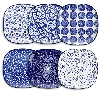 Selamica Porcelain Square Dessert Salad Pasta Plates 7.6 inches ceramic plates set of 6 microwave/dishwasher/oven safe, Vintage Blue