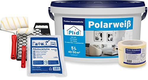 plid® Polarweiss Innenfarbe Weiß matt - geruchsarme Wandfarbe & Deckenfarbe mit hohe Deckkraft - sehr ergiebig - geruchsarm - für sensible Wohn- und Arbeitsbereiche - Made in Germany (5l - Streichset)