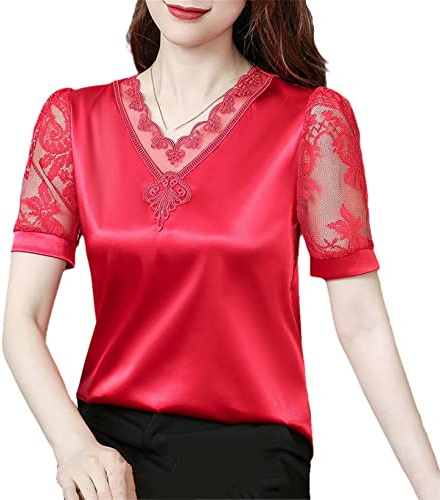 Chemisier d'été à manches courtes en satin de soie avec coutures en dentelle brodée, Rouge 943, L