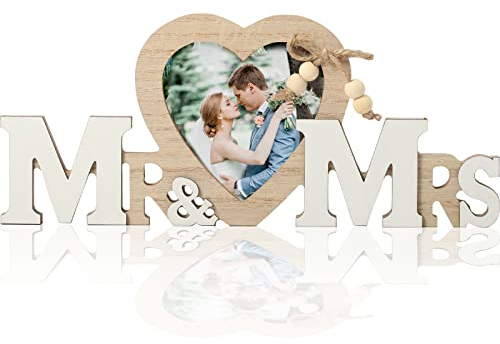 Mr & Mrs Deko Hochzeit, Hochzeitsdeko mit Herz Fotorahmen, Tischdeko Hochzeit Vintage, Buchstaben Deko Holz für Haus Dekoration, Brautpaar Geschenke, Erlobung Gartenparty, Zeremonie, Foto Requisiten