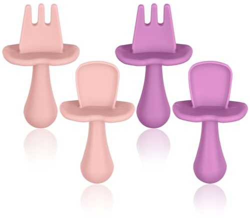 Vicloon Silicon Babylöffel und Gabel Fütterung Set,4 Stück Kinderbesteck Esslernbesteck, BPA Frei Baby Gabel und Löffel Set, Baby Besteckset ab 1 jahr (rosa + lila)
