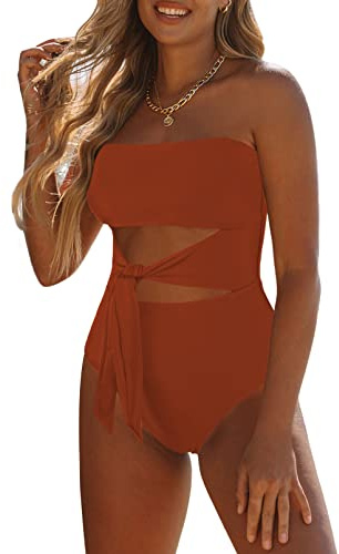 Viottiset Traje de baño de una pieza para mujer de corte alto Tie Monokini Control abdominal, Naranja quemada., S