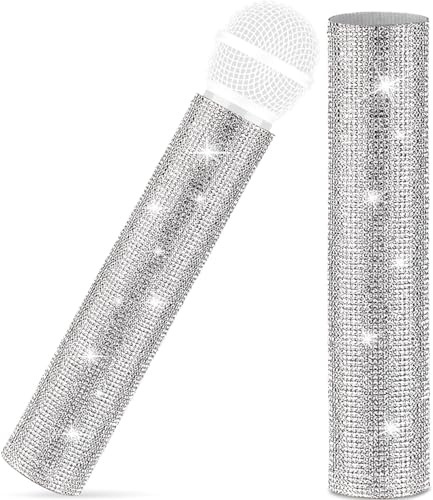 MIC NOT INCLUDED, Facmogu Silver Mic Handle Cover, Rhinestones Mic Handle Sleeve for Party & TV Show, Microphone Cover Sleeve with Sparkly Bling Rhinestones Fit for Most Universal Wireless Microphones