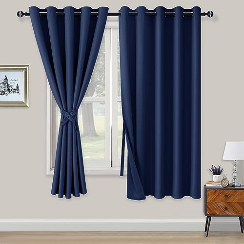 XWZO Blackout Curtains Shades Window Curtain Panels with Tiebacks- Noise Reduction and Thermal Insulated Eyelet Curtains for Bedroom,Living Room,Office,Study Room Navy W66xL72