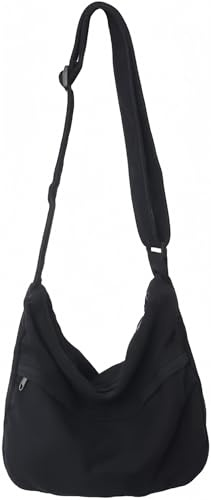PRAGARI Canvas Messenger Bag Hobo Crossbody Bag for Women Black Shoulder Tote Handbag Vintage Aesthetic Travel Work