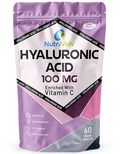 Hyaluronic Acid 100mg & Vitamin C | 60 Tablets | Vegan | for Men & Women | Healthy Skin Bones Anti Ageing | by NutriVolv