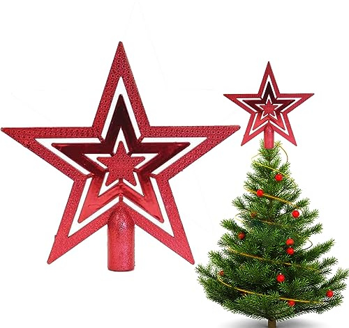 Julgransspets stjärndekoration, julgransspets glitterstjärna, julgran för varje trädspets – julstjärna, okrossbar (elegant – röd)