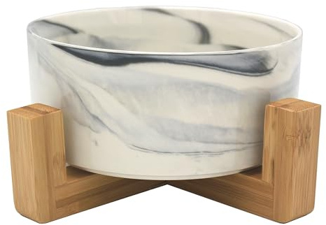 Bol en céramique avec Support en Bambou pour Chiens et Chats, Bol surélevé pour Une Position Confortable Tout en Mangeant et en Buvant, capacité de 850 ML (Gris marbre)