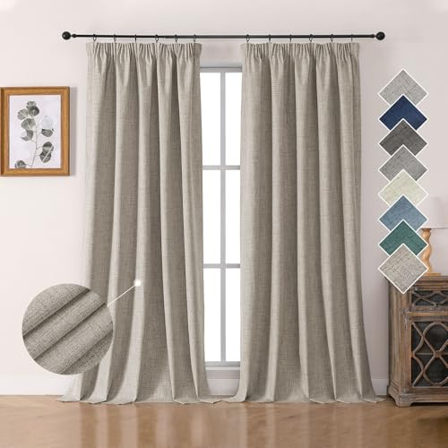 Joydeco 100% mörkläggningsgardiner, linnegardiner med veckband, set om 2, H 275 x 140 cm, linne, termisk gardin, köldskydd, ogenomskinligt, ljudisolering, perfekt för vardagsrum, passar till