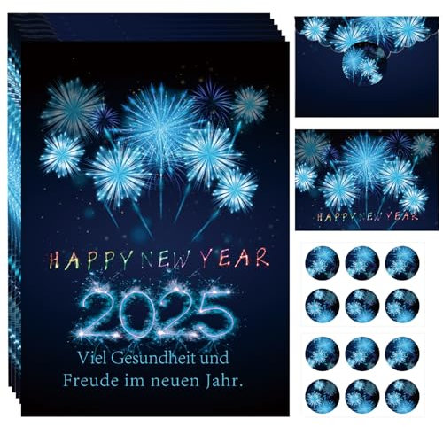 Beinup 12 Neujahrskarten mit 12 Umschlag und 12 Aufkleber,Neujahrs Karten 10.8x15.2 cm,Frohes Neues Jahr,Karten Grußkarten,Postkarten Format,Silvester Neujahr Postkarten,2025/Sylvester/Neues Jahr