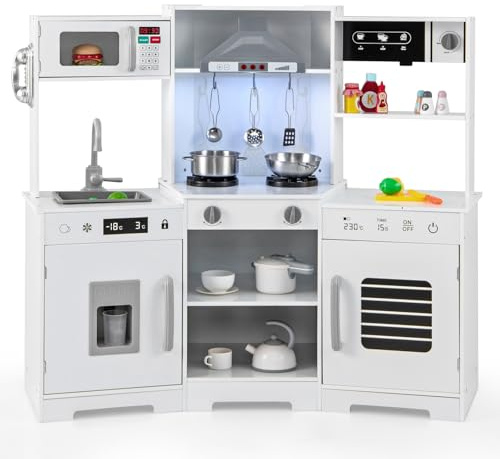 GOPLUS Cuisine en Bois Enfant, Cuisine d'angle Enfant avec Effet Sonore, Lumière, Hotte, Micro-Ondes, Four, Accessoires Riches, Jouet d'Imitation Ustensile Cuisine avec pour 3+ Ans (Blanc)