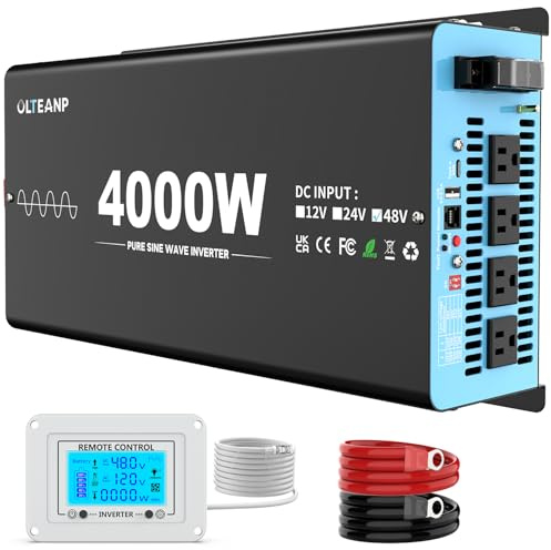 48V 4000W Pure Sine Wave Inverter 48V DC to 110V/120V AC, 8000W Peak, Adjustable Input Voltage for Lithium Battery, 4 AC Outlets, USB & Type-C, Solar/Off-Grid Home Backup with LCD Remote