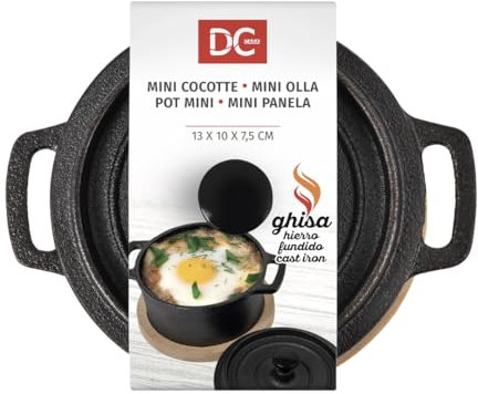 Dc Casa Mini Cocotte in Ghisa con Vassoio in Bambù 13x10x7.5 cm – Elegante e Resistente, Perfetta per Servire e Cuocere, Ideale per Zuppe, Salse e Antipasti