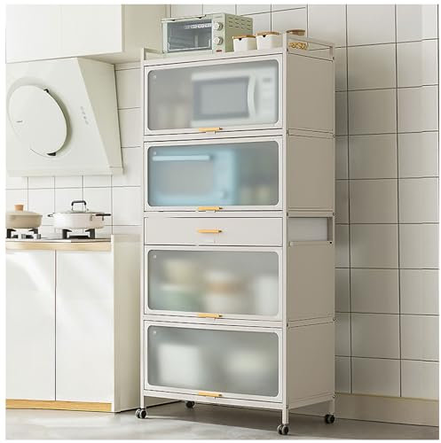 Soporte para microondas de 5 niveles con armario y cajón para almacenamiento de cocina, estante de metal con ruedas, color blanco, 80 x 170 cm, para espacios pequeños y fácil movilidad